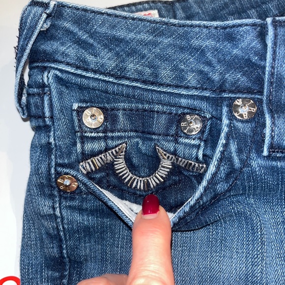 True Religion TORY Boot Cut BLUE Jeans HORSESHOE Silver Studded Pocket Womens 28 - Picture 3 of 16